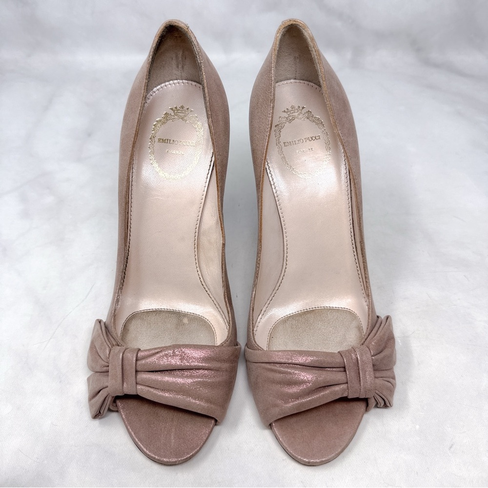 Emilio Pucci Vintage Y2K Metallic Pearlescent Bow Glitter Stiletto Heel Pumps 38 - Picture 3 of 16